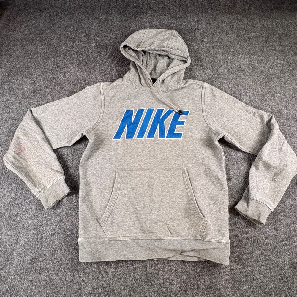VTG Y2K Nike Hoodie Mens S Gray Spellout Grunge Distressed Streetwear Sweatshirt